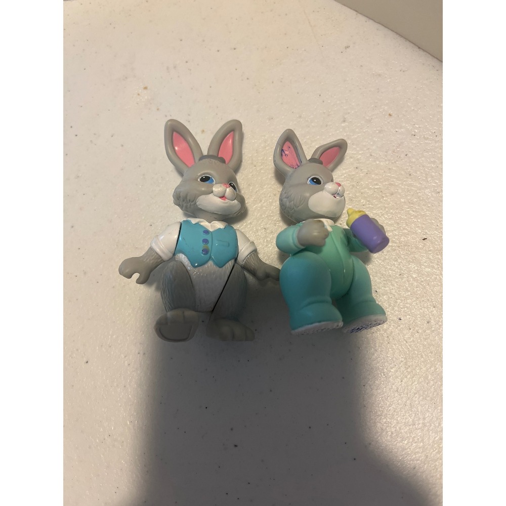 Vintage Fisher Price Loving Family Bunny Rabbit Figures Blue Vest Baby Bottle 2p